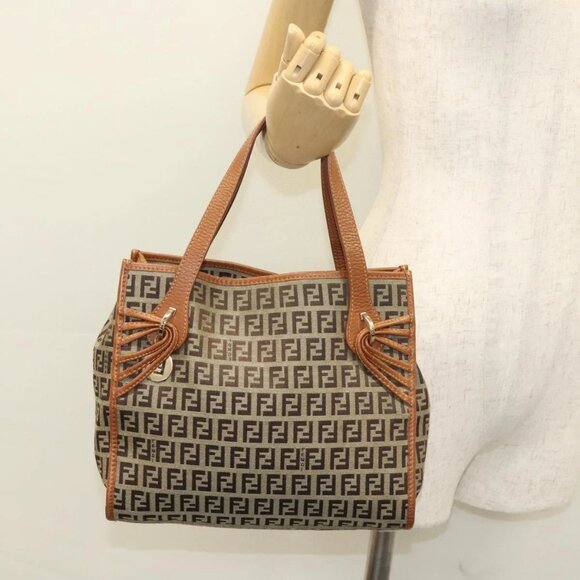 FENDI Zucchino Canvas Hand Bag Brown Gold Auth sw308 - Picture 3 of 16